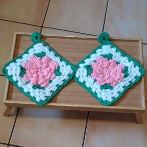 Vintage Handcrafted Floral Crochet Pot Holders - Pink and Green